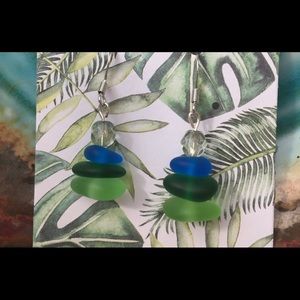 Green and blue beach glass beaded earrings.